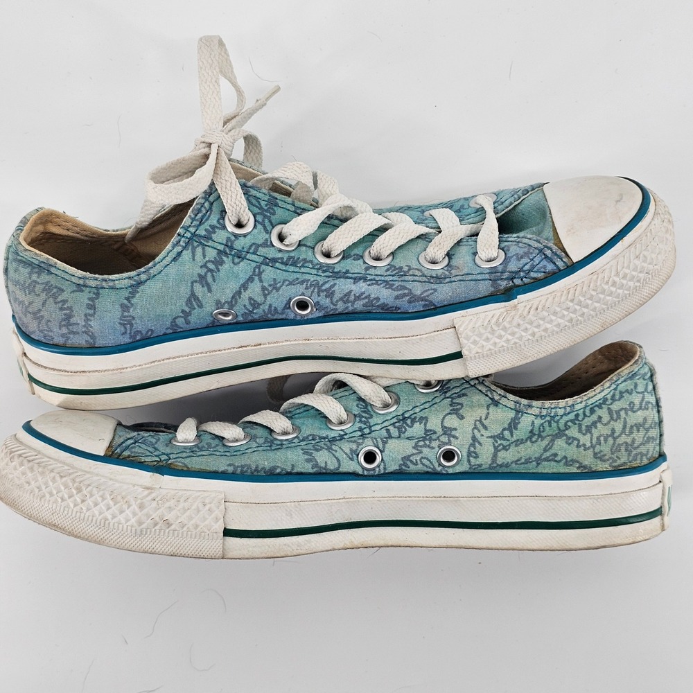 Converse Chuck Taylor All Star Womens 7 Teal Blue Script Print Low Top Sneakers - Picture 10 of 14